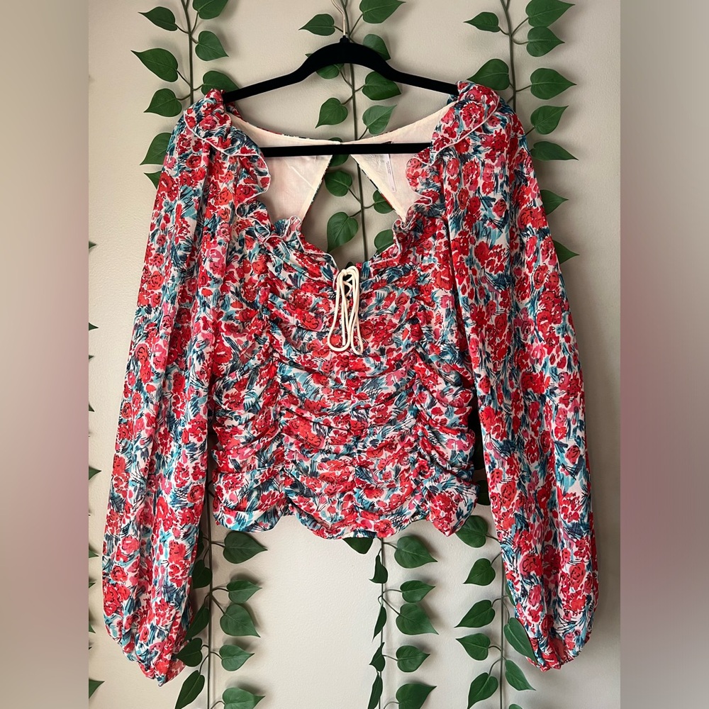 Free People Floral Ruched Tie Front Long Sleeve Boho Blouse
